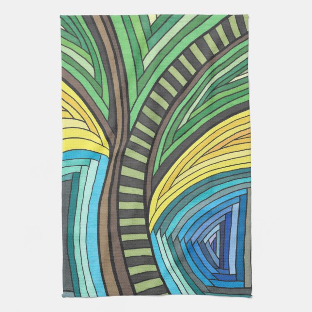 Hand Painted Abstract Tree and Geometry Design Kitchen Towel (Vertical)