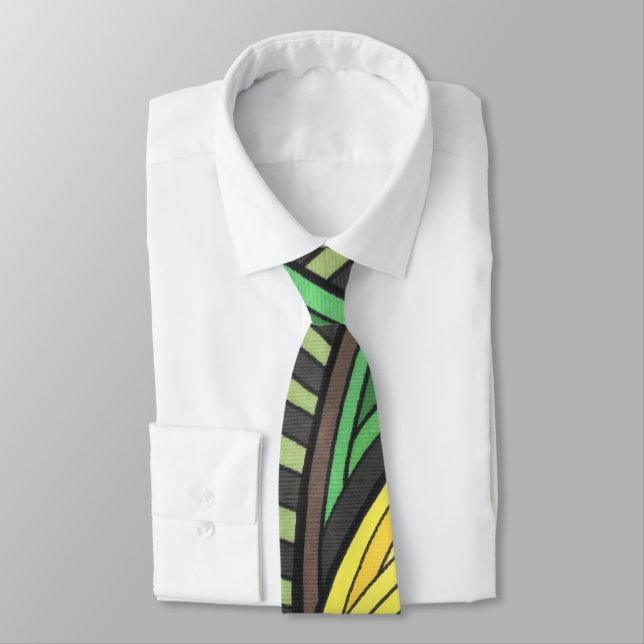 Hand Painted Abstract Tree and Geometry Design Neck Tie (Tied)