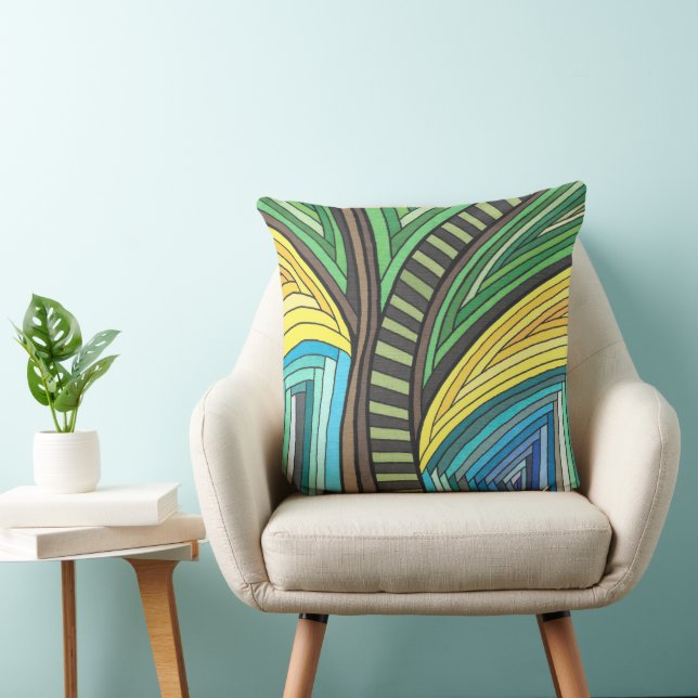 Hand Painted Abstract Tree and Geometry Design Throw Pillow (Chair)