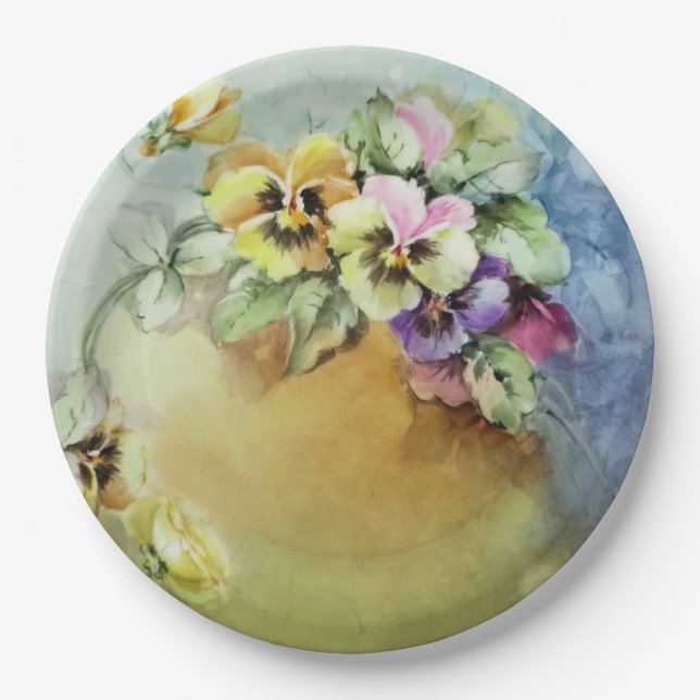 Hand Painted Antique Style Pansy Birthday Wedding Paper Plates (Front)