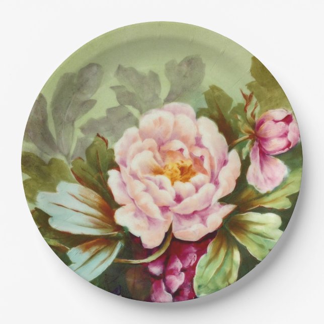 Hand Painted Antique Style Peony Birthday Party Paper Plates (Front)