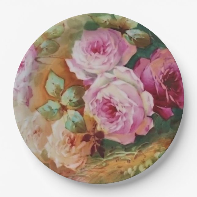 Hand Painted Antique Style Roses Birthday Wedding Paper Plates (Front)