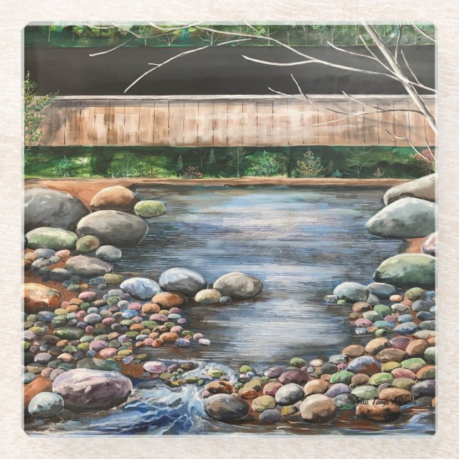  Hand Painted Art Blues ''Brook'' Landscape Glass Coaster (Front)