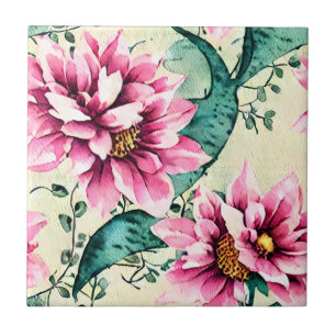 Hand painted artsy Modern vintage Cute floral Ceramic Tile