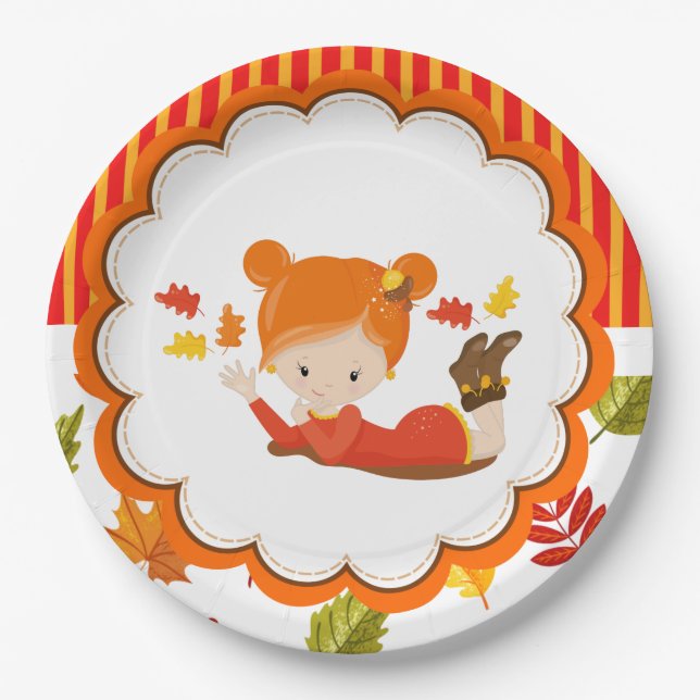 Hand Painted Autumn Adorable Girl  Paper Plates (Front)