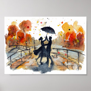 Hand Painted Autumn City Couple Silhouette Art Poster