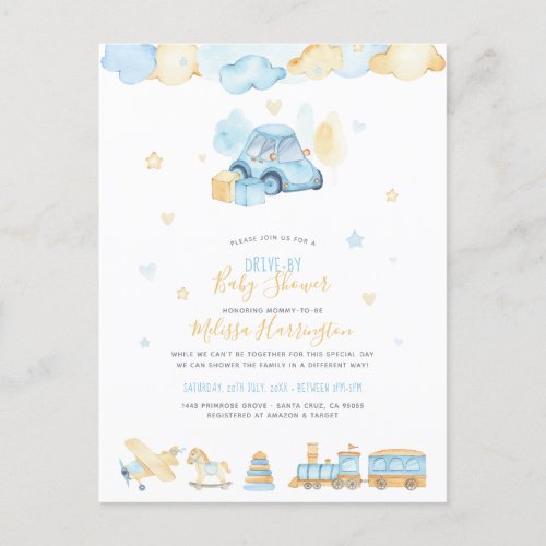 Hand Painted Baby Boy Toys Drive_By Baby Shower Invitation Postcard