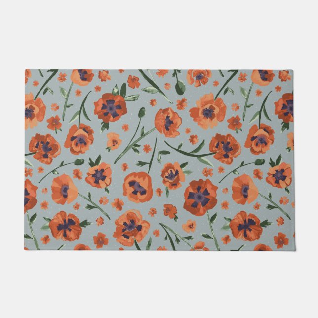 Hand Painted Beautiful Orange Poppy Flowers Doormat (Front)