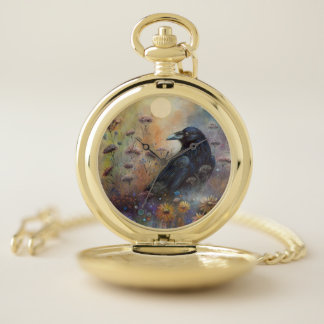 Hand Painted Beautiful Raven Art Pocket Watch