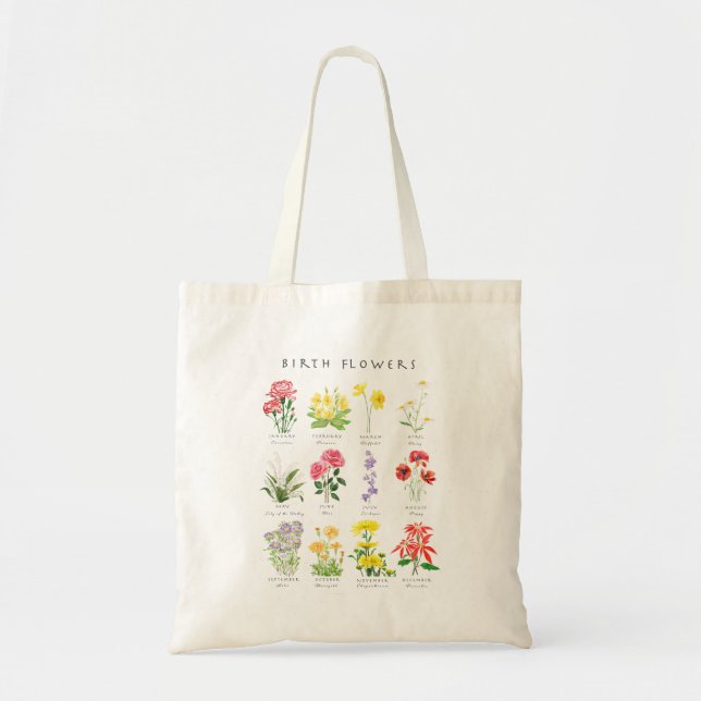Hand painted birth month flowers watercolour arts  tote bag (Front)