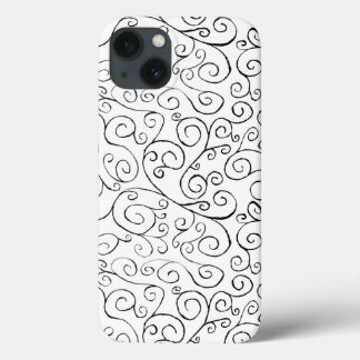 Hand-Painted Black Curvy Pattern on White iPhone 13 Case
