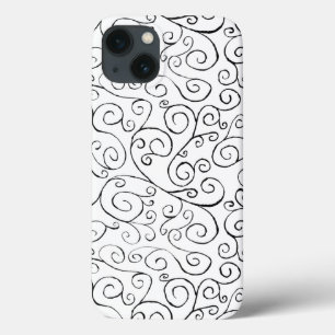 Hand-Painted Black Curvy Pattern on White iPhone 13 Case