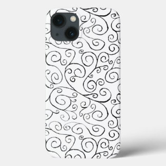 Hand-Painted Black Curvy Pattern on White iPhone 13 Case