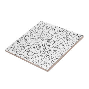 Hand-Painted Black Curvy Pattern on White Ceramic Tile