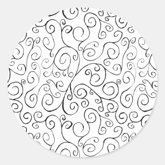 Hand-Painted Black Curvy Pattern on White Classic Round Sticker (Front)