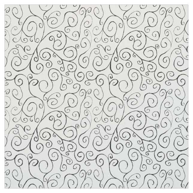 Hand-Painted Black Curvy Pattern on White Fabric (Swatch)