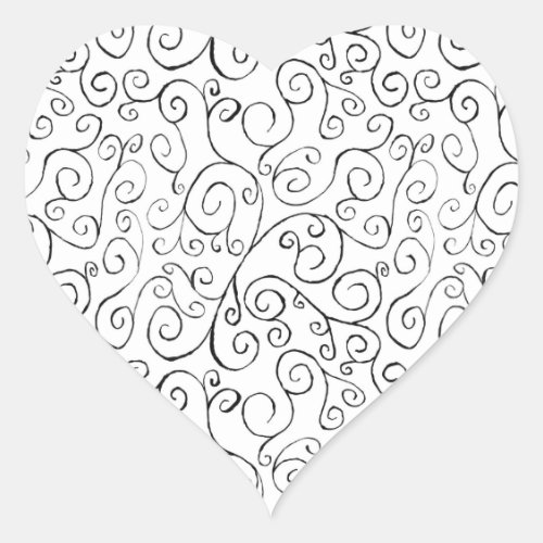 Hand_Painted Black Curvy Pattern on White Heart Sticker