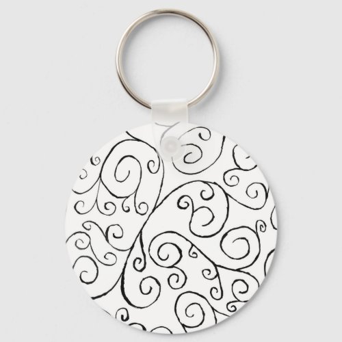 Hand_Painted Black Curvy Pattern on White Keychain