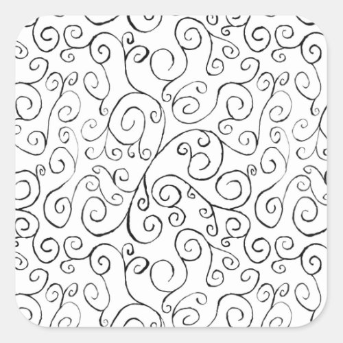 Hand_Painted Black Curvy Pattern on White Square Sticker