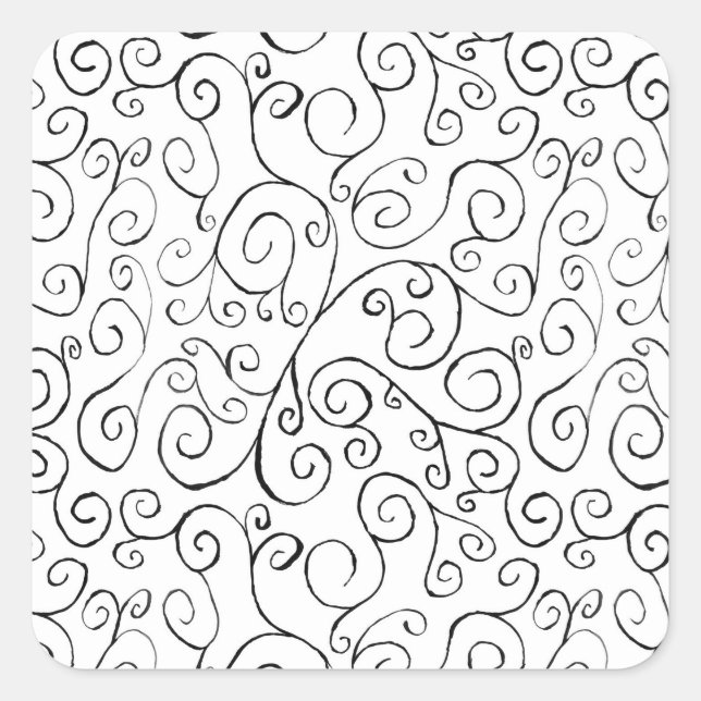 Hand-Painted Black Curvy Pattern on White Square Sticker (Front)