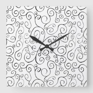 Hand-Painted Black Curvy Pattern on White Square Wall Clock