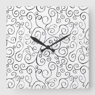 Hand-Painted Black Curvy Pattern on White Square Wall Clock