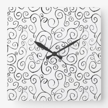 Hand-Painted Black Curvy Pattern on White Square Wall Clock