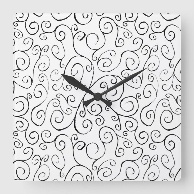 Hand-Painted Black Curvy Pattern on White Square Wall Clock (Front)