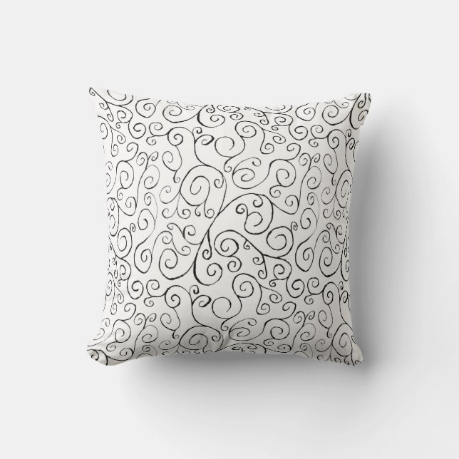 Hand-Painted Black Curvy Pattern on White Throw Pillow (Front)