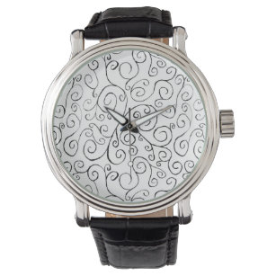 Hand-Painted Black Curvy Pattern on White Watch
