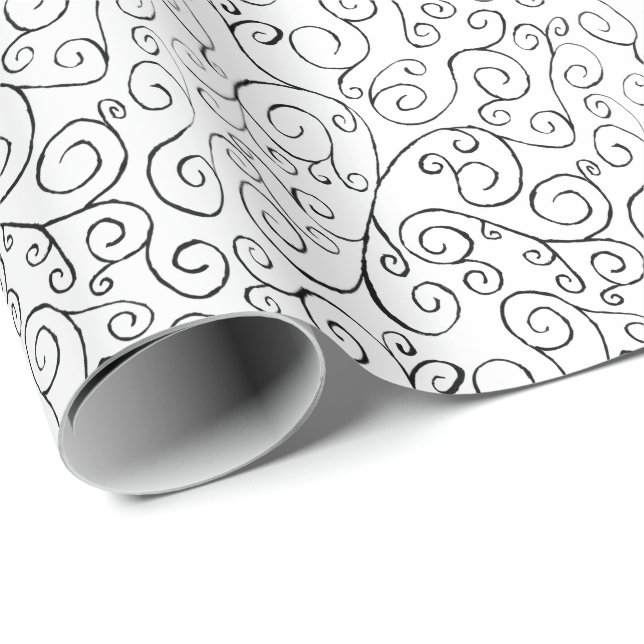 Hand Painted Black Curvy Pattern on White Wrapping Paper (Roll Corner)