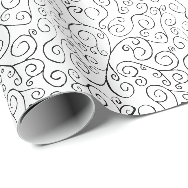 Hand-Painted Black Curvy Pattern on White Wrapping Paper