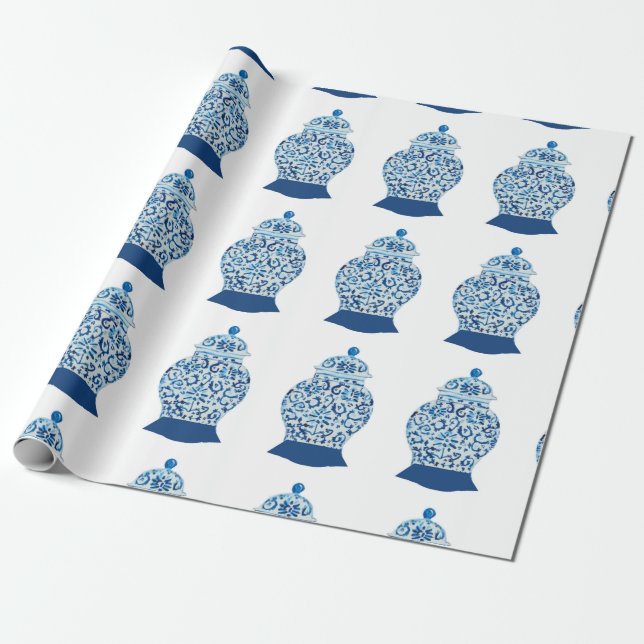 Hand Painted Blue and White Ginger Jar Wrapping Paper (Unrolled)