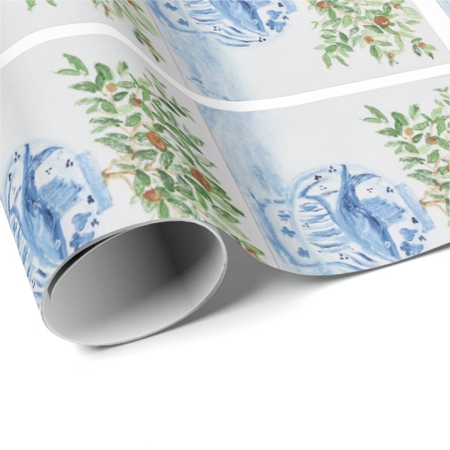 Hand Painted Blue and White Ginger Jar Wrapping Paper (Roll Corner)