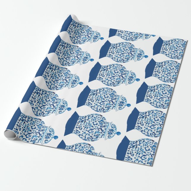 Hand Painted Blue and White Ginger Jar Wrapping Paper (Unrolled)