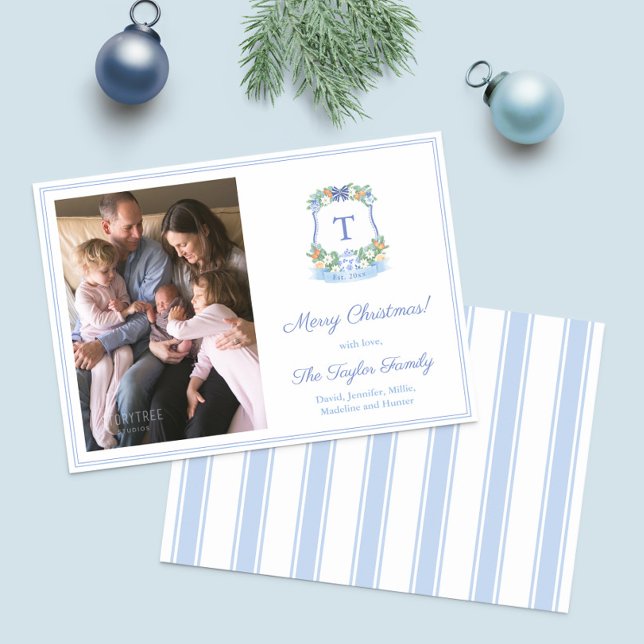 Hand Painted Blue And White Monogram Christmas Holiday Card (Watercolor Citrus Monogram photo Christmas Cards with blue and white stripe backer)
