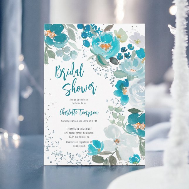 Hand Painted Blue chic Floral Winter bridal shower Invitation (Hand Painted Blue chic Floral Winter bridal shower Invitation)
