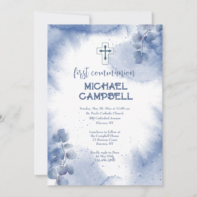 Hand Painted Blue Eucalyptus Invitation (Front)