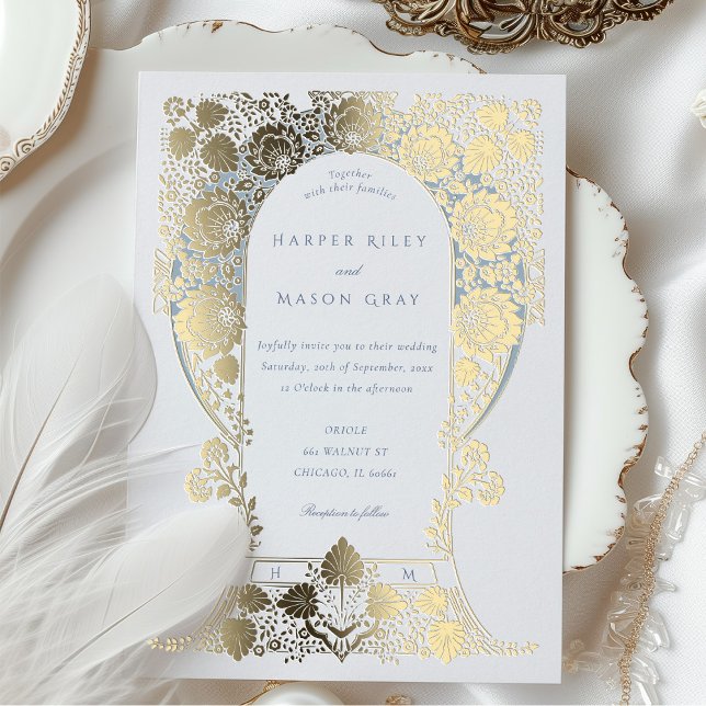 Hand-Painted Blue Floral Baroque Border Foil Invitation (Creator Uploaded)
