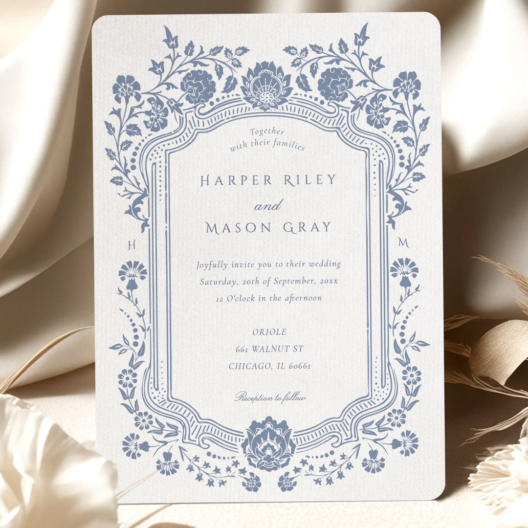 Hand-Painted Blue Floral Baroque Border                    Invitation