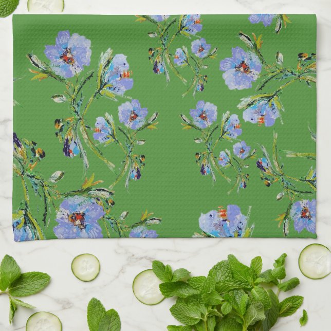 Hand-Painted Blue Flowers on Lovely Green Tea Towe Kitchen Towel (Folded)