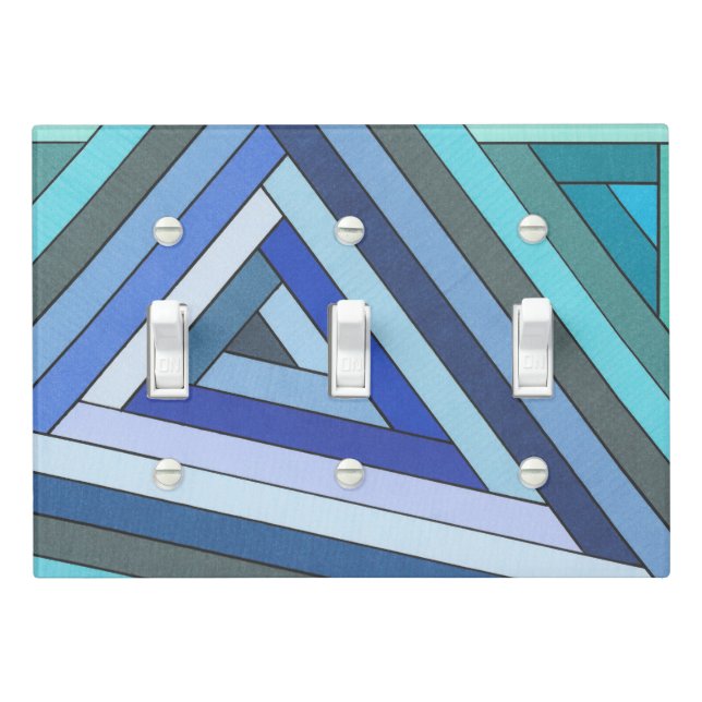 Hand Painted Blue Geometric Triangle Design Light Switch Cover (In Situ)