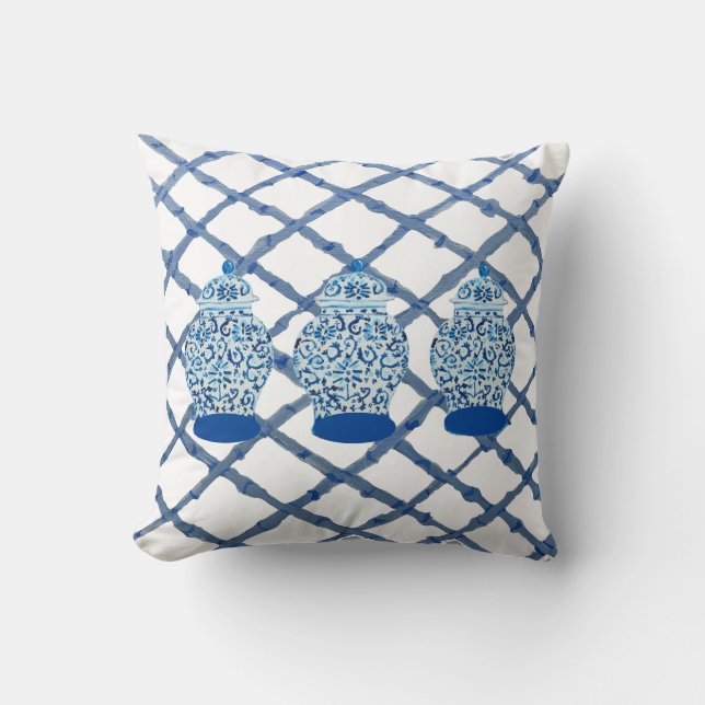 Hand Painted Blue Ginger Jar Pillow Throw Pillow (Front)