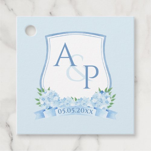Hand Painted Blue Hydrangea Monogram Crest Wedding Favor Tags