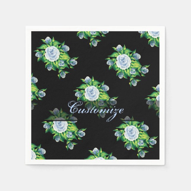 Hand Painted Blue Roses Pattern Napkins (Front)