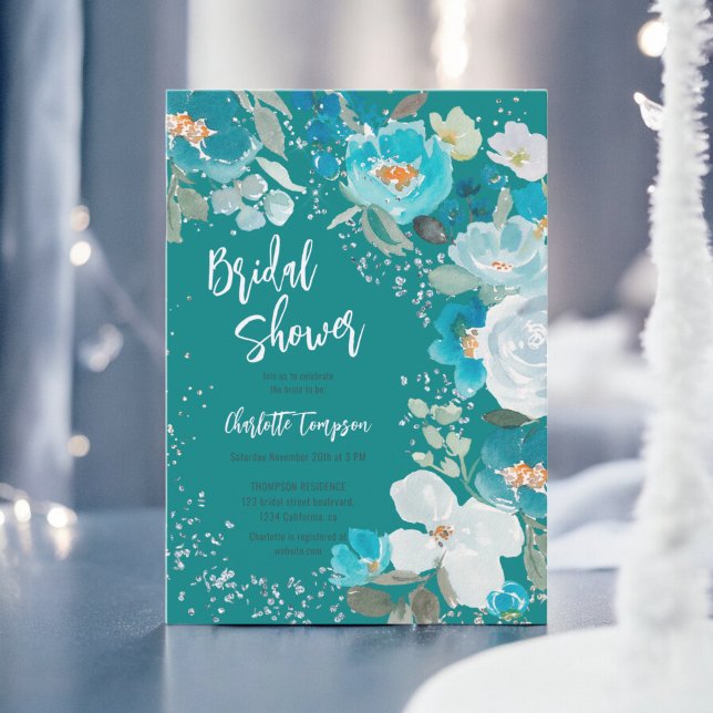 Hand Painted Blue Teal Floral Winter bridal shower Invitation (Hand Painted Blue Teal Floral Winter bridal shower Invitation)