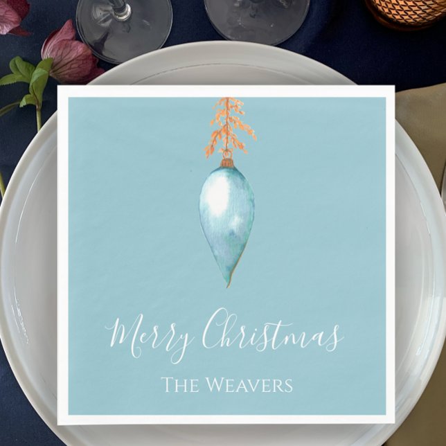 Hand Painted Blue Watercolor Custom Christmas Napkins (Personalize this hand painted original blue bauble watercolor Christmas napkin. Minimalistic blue.
)