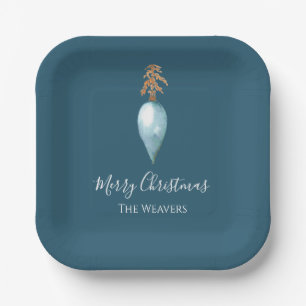 Hand Painted Blue Watercolor Custom Name Christmas Paper Plates