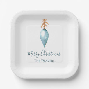 Hand Painted Blue Watercolor Personalize Christmas Paper Plates