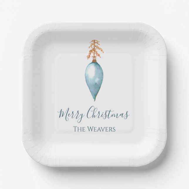 Hand Painted Blue Watercolor Personalize Christmas Paper Plates (Front)